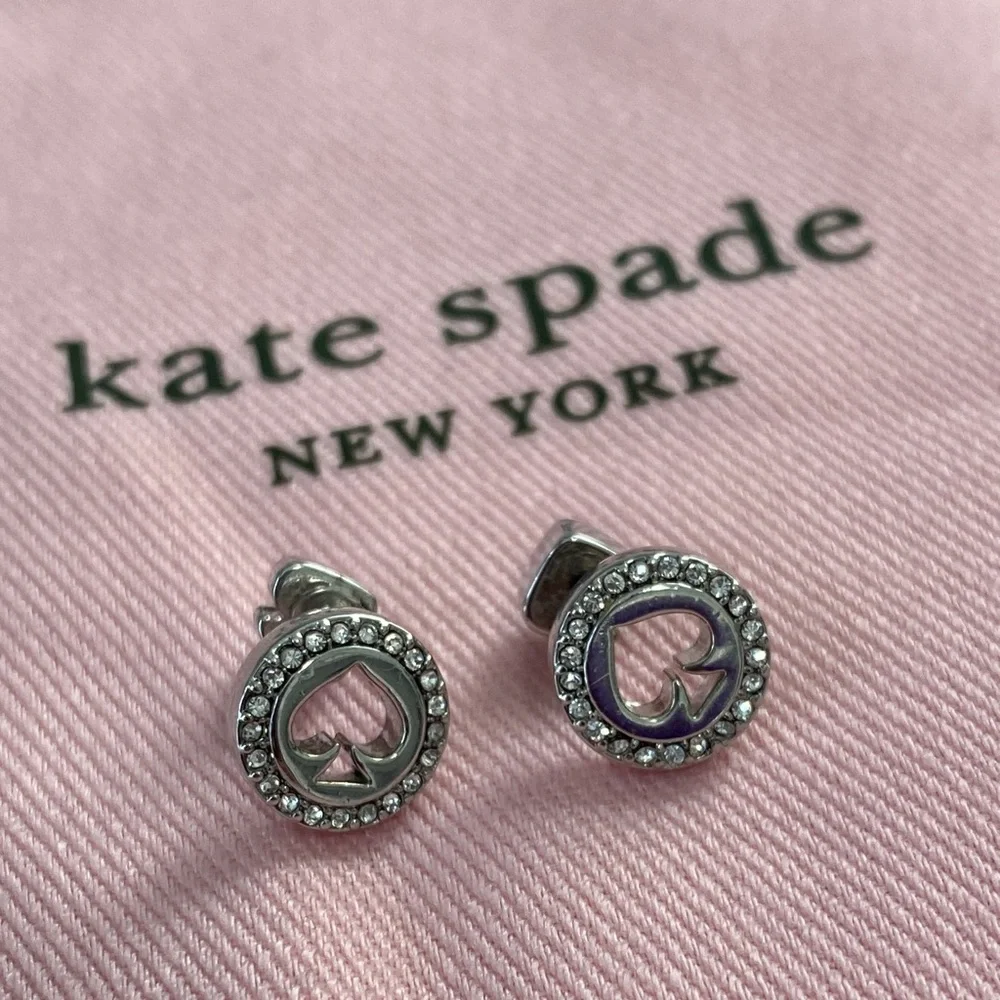 Kate Spade Sparkle Silver Spot the Spade Pave Halo Heart Stud Earrings Dust Bag